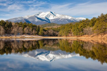 Serene mountain landscape with a reflective lake and vibrant trees under a blue sky, capturing nature's beauty and tranquility.