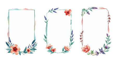 Obraz premium watercolor frames set with dark teal and dark red, lavender flowers and kentia palm leaves, paint style card, brush stroke, isolated