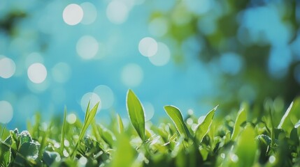 World environment day concept: green grass and blue sky abstract background with bokeh