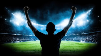 Silhouette of a cheering fan at a stadium under bright lights, celebrating victory in sports.