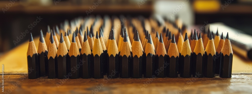 Poster perfectly sharpened pencils aligned in a row, poised for creativity and precision, showcasing unifor