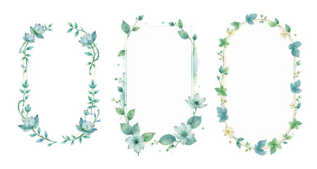 watercolor frame set with light green and indigo, jasmine flowers and lotus leaves, painted style card, white background, stylish brush strokes