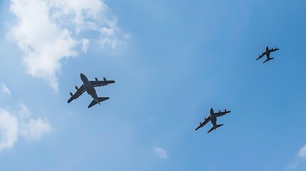 Three military transport planes flying in formation against a blue sky.