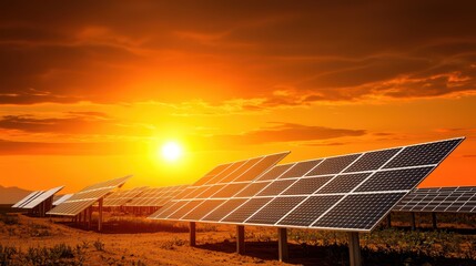 Solar panels capturing sunlight at sunset, showcasing renewable energy solutions and sustainable technology.