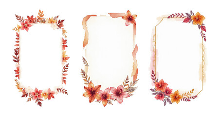 Obraz premium label set with ruby and dark orange, tropical flowers and dense leaves, stylized paint, on white background, simple brush strokes