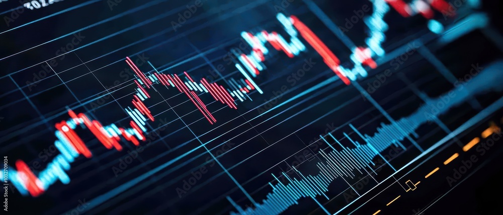 Poster stock market analysis with digital graphs and charts showcasing financial trends and statistics.
