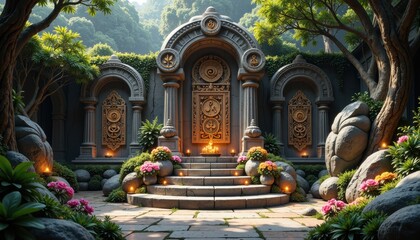 A peaceful temple garden with stone carvings of sacred symbols from Valmiki’s works, surrounded by flowers, incense, and small lamps, creating a tranquil atmosphere in honor of his teachings.
