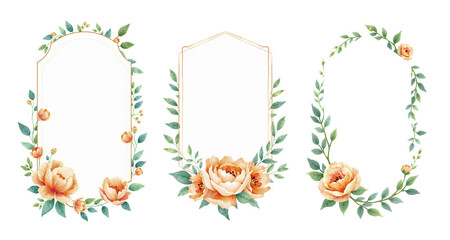 Fototapeta premium set of watercolor invitation labels with jade and light orange, peony flowers and lush leaves, stylish brush strokes, isolated, paint style card