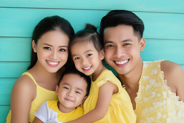 Fototapeta premium Joyful Asian Family Portrait in Yellow