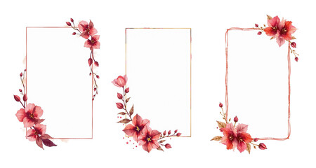 Obraz premium empty invitation label with ruby and dark red, tulips and philodendron leaves, on white background, brush stroke, ink style