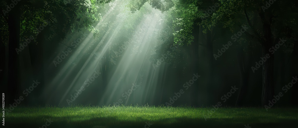 Poster sunlight streaming through a dense forest, creating a serene and mystical atmosphere.
