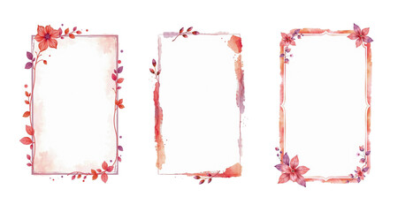 empty frames with red and purple, daffodils and hemlock leaves, brush stroke art, paint style card, isolated on white