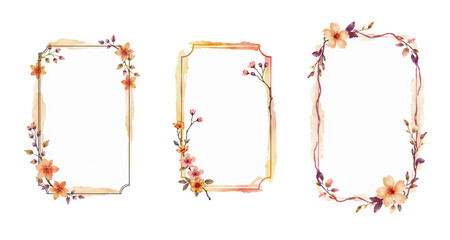 Obraz premium set of watercolor frames with light orange and deep purple, delicate flowers and mulberry leaves, brush strokes, stylized paint, isolated