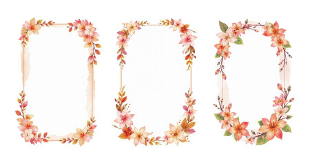 frames set with pink and orange, jasmine flowers and dense leaves, stylized ink, brush stroke, white background