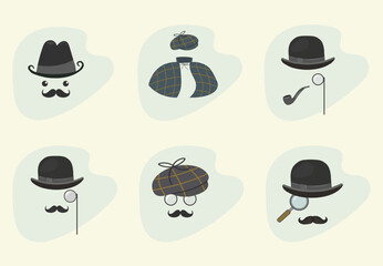 Vintage men's accessories. Retro detective set on light background. Collection of things for gentlemen. Isolated vector icons. Private detective accessories.