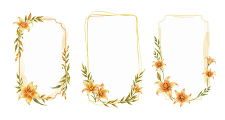 empty frames with space for text with light orange and dark yellow, lilys and palm leaves, stylized ink card, isolated on white background, stylish brush strokes