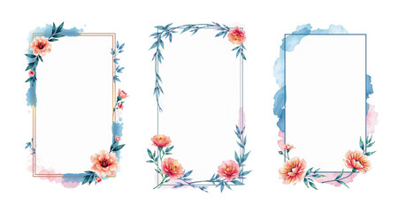 watercolor invitation frames with deep blue and deep pink, marigold flowers and bamboo leaves, brush strokes, painted style card, isolated on white background