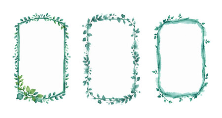 empty frames with space for text with green and dark teal, thoughtful flowers and oak leaves, isolated on white background, brush stroke art, paint style