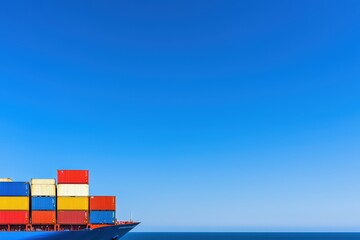 Obraz premium Vibrant cargo ship near the horizon, showcasing colorful shipping containers against a clear blue sky.