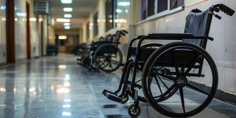 wheelchair in the hospital corridor, close-up, waiting area in the new medical center, empty corridor without people