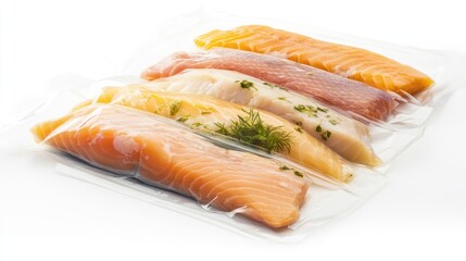 A variety of frozen fish fillets in vacuum-sealed packaging, placed on a clean white background for a fresh and convenient food option.