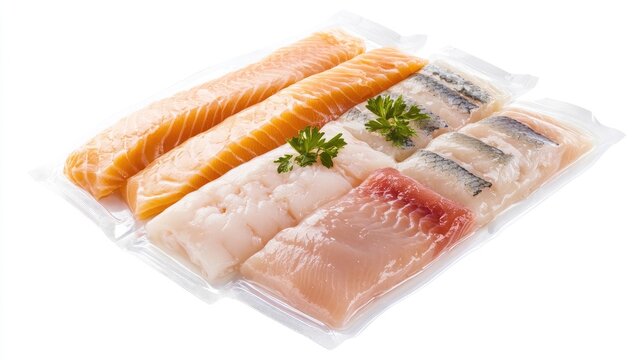 A variety of frozen fish fillets in vacuum-sealed packaging, placed on a clean white background for a fresh and convenient food option.