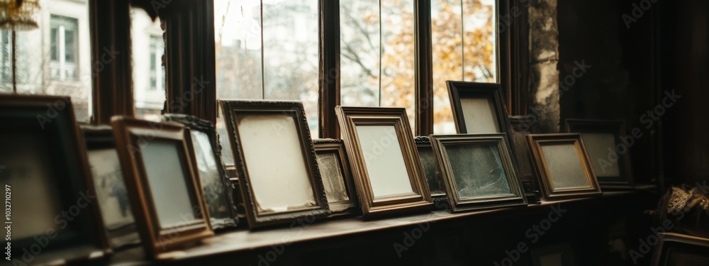 Poster empty picture frames aligned in a row, poised for cherished memories yet to be displayed, inviting p