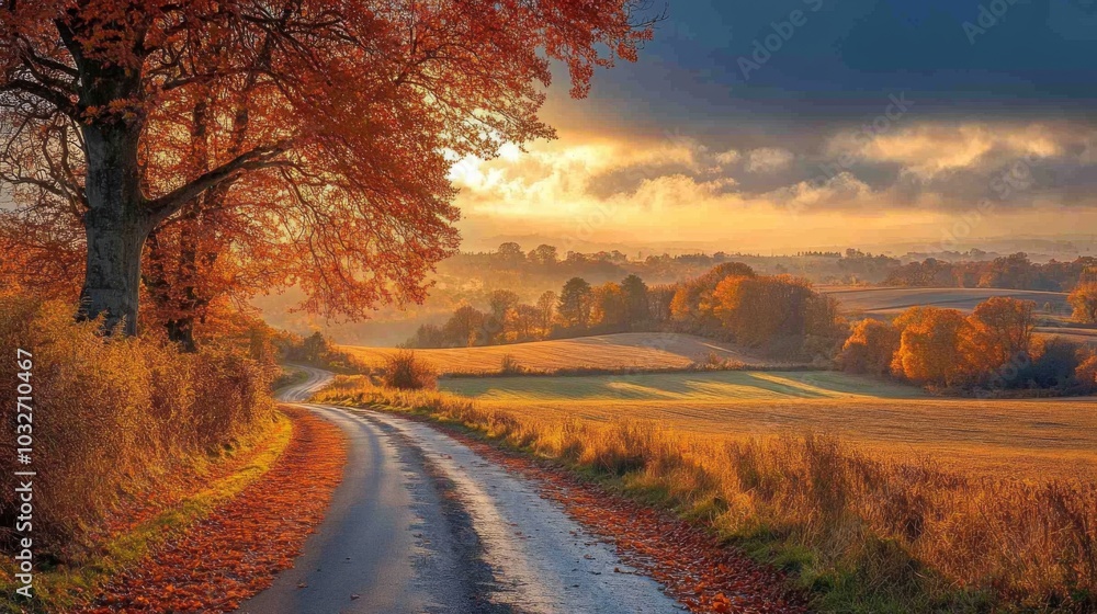 Poster a winding road meanders through a picturesque countryside adorned with vibrant autumn leaves and gol