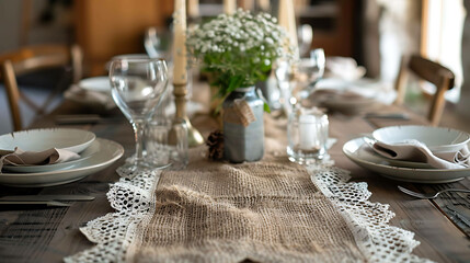Rustic table setting with a burlap runner, lace overlay, and white dishes. The centerpiece is a small vase of white flowers.