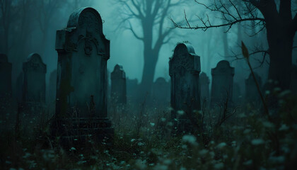 A spooky graveyard featuring old, weathered tombstones and skeletal trees, shrouded in mist. The eerie atmosphere evokes a sense of mystery and the supernatural.

