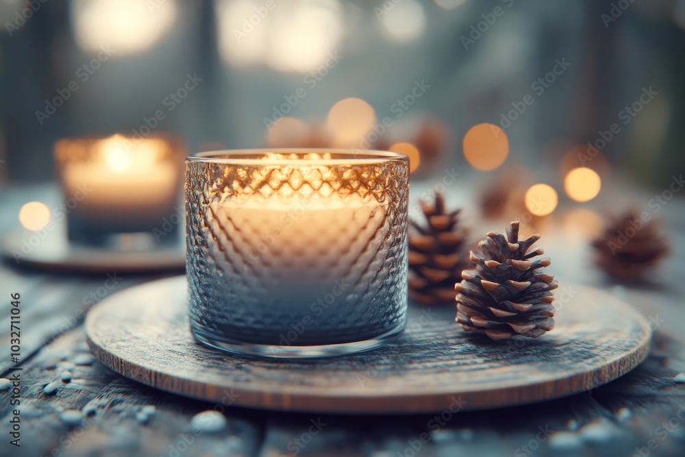 Aufkleber single glowing candle in a decorative holder with pinecones on a rustic table surrounded by soft bok