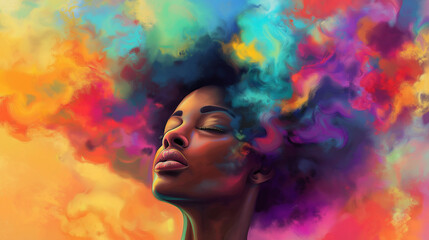 musical vibrations depicted as colorful Smokey liquid art travels from the sky down to the ears of a realistic young woman with cool hair facing forward, enlightened expression