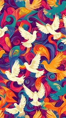 Obraz premium A flock of white birds soaring against colored swirls, set against a vibrant background of red, yellow, orange, blue, purple, and pink