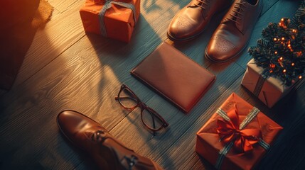 A flat lay of Christmas gifts, a wallet, eyeglasses, and leather