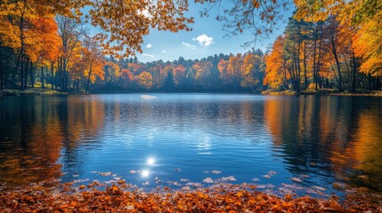 The peaceful lake mirrors the stunning hues of autumn foliage with bright orange and yellow leaves, creating a picturesque view. Soft clouds float above the tranquil setting.