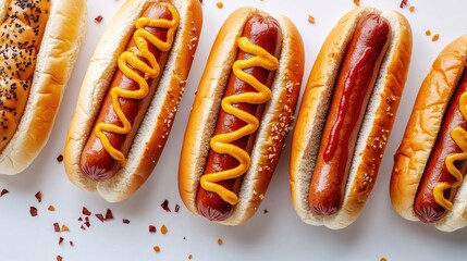 Assorted hotdogs with mustard and ketchup on artisanal buns, arranged artistically on a plain white surface.