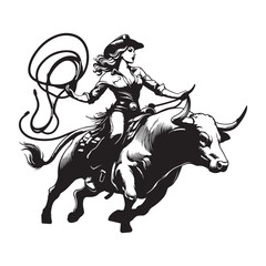 Pin-up woman bull cowgirl in full rodeo action, Silhouette vector  black color white background