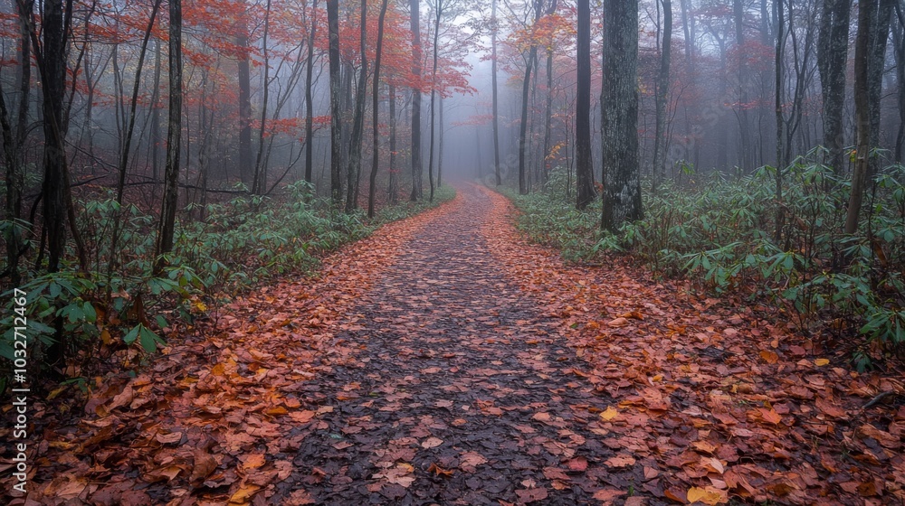 Aufkleber a tranquil pathway winds through a misty forest, adorned with vibrant autumn leaves, creating a peac