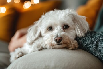 A calm dog resting on a couch with warm lights in the background during a cozy evening at home