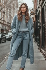 Stylish young woman wearing a cozy sweater and oversized coat in a city street on a chilly day