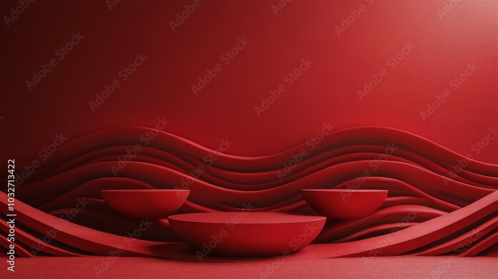 Poster red floral display with geometric platforms and minimalist vases in a serene indoor setting