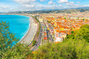 View from the Castle Hill Park of the Bay of Angels along the Mediterranean Sea, Promenade des Anglais, Old Town and the city of Nice France on the French Riviera, Cote d'Azur.  © Kirk Fisher