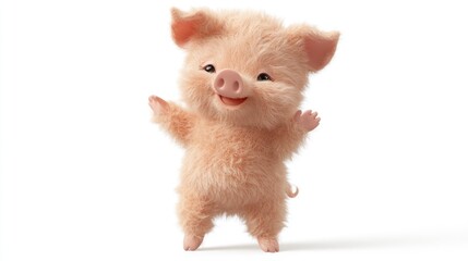 Fototapeta premium A cute, cartoon piglet with pink fur, standing on its hind legs and smiling with its arms raised.