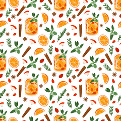 Vector seamless pattern of Autumn drinks Mulled wine, spices, herbs, apples, and oranges isolated on white background. 