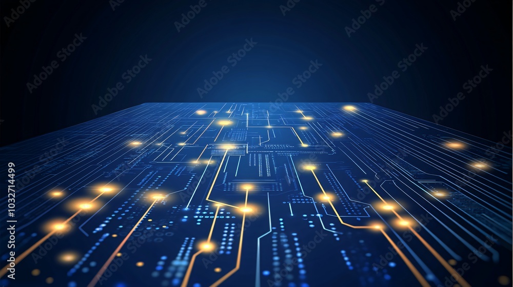 Poster abstract digital circuit board with glowing lines and dots.