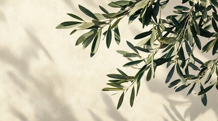  Olive tree branch with green leaves on white wall, casting a tree shadow