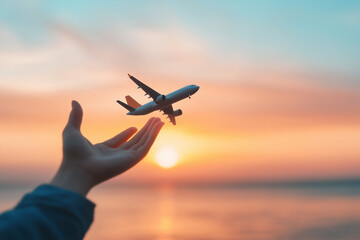 Hand Reaching for Airplane Model at Sunset