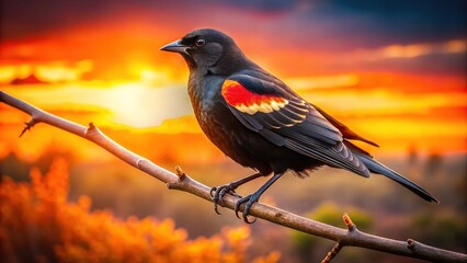 Red-Winged Blackbird in Afternoon Sky - Vibrant Nature Photography