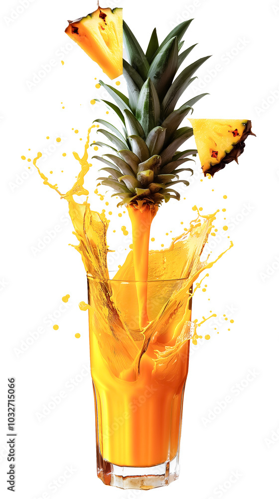 Poster a pineapple is splashing into a glass filled with bright yellow juice, creating a refreshing summer 