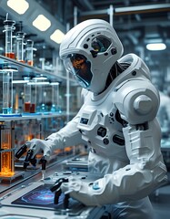 Fototapeta premium Future biotechnology: a lab with organic 3D printers creating artificial organs, scientists in lab coats working with cutting-edge devices, the intersection of human biology and technology